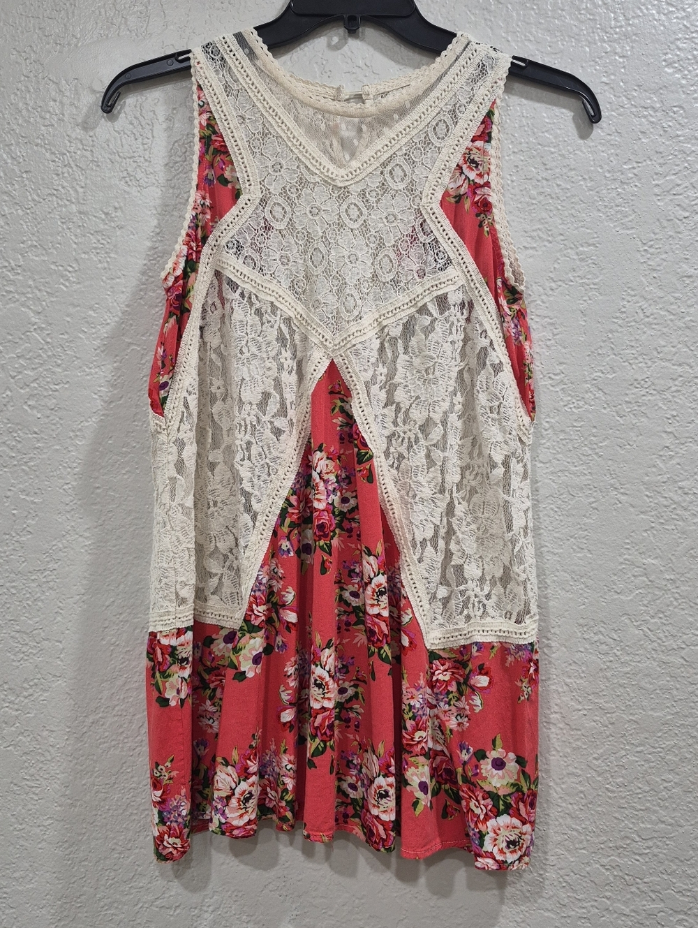 Boho Floral Lace Back Tank Top Coral Orange Cream Flowy Sleeveless Cami M L - Picture 8 of 8